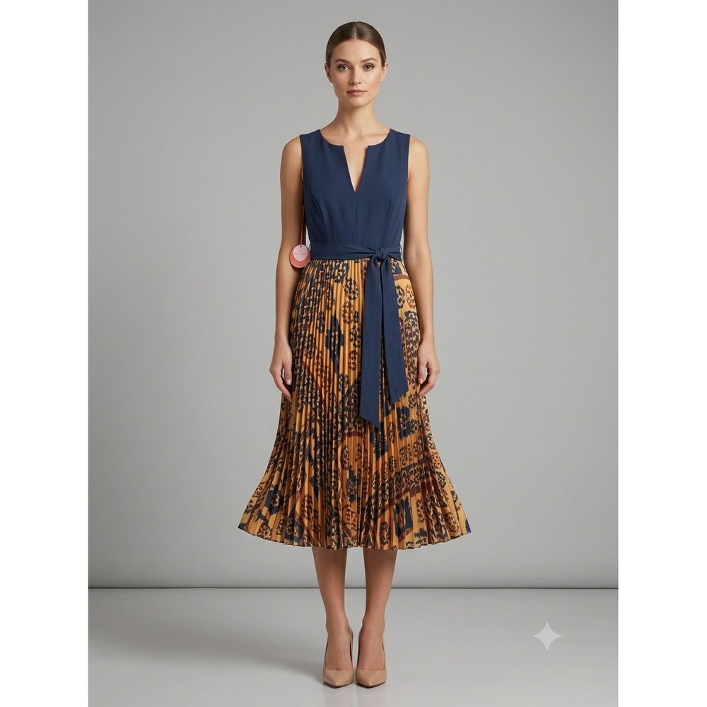 Eva Franco Dress Womens 4 Navy Orange Elegie Rio Rancho Pleated Midi Mixed Media